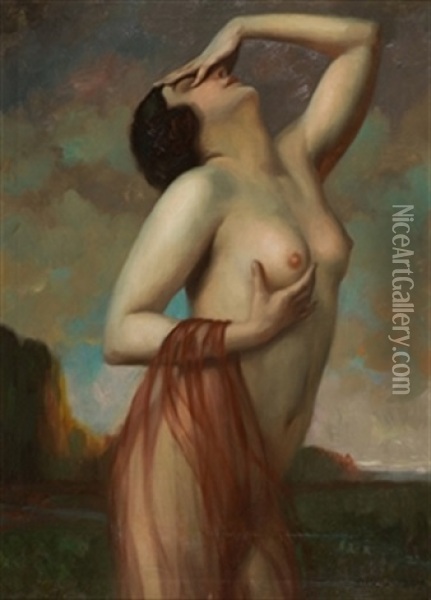 Desnudo Femenino Con Velo Rojo Oil Painting - Hans Hasenteufel