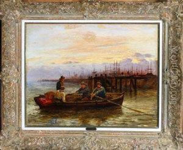 Four Fishermen In A Rowing Boat At Dusk Oil Painting - Robert Jobling