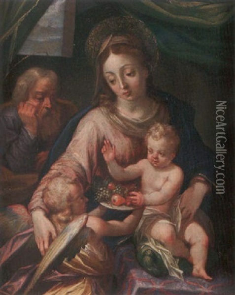 The Holy Family With An Angel Oil Painting - Hans Von Aachen