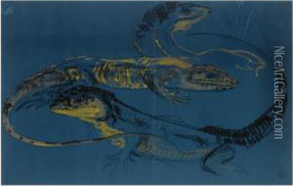 Komodo Lizards Oil Painting - Theodorus Van Hoytema