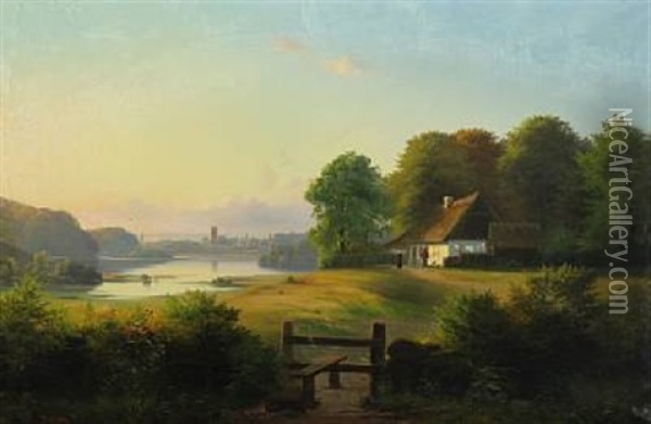 A Farm By The Fiord On A Sunny Morning Oil Painting - Johann Hermann Carmiencke