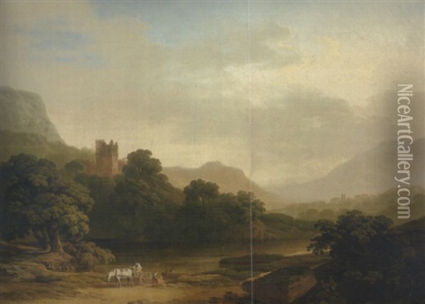 An Extensive Lakeside Landscape, With A Ruined Castle On A Hill, And Figures Loading A Cart In The Foreground Oil Painting - Thomas Roberts