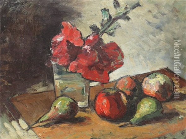 Still Life With Hollyhock And Fruits Oil Painting - Gheorghe Petrascu