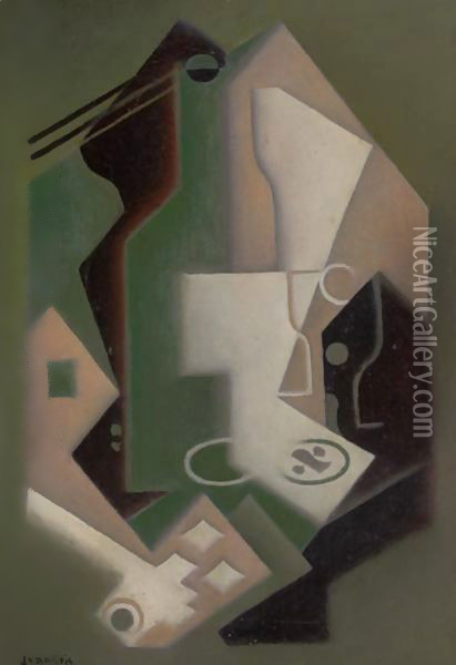 Bouteille, Pipe Et Cartes A Jouer Oil Painting - Juan Gris