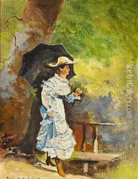 Ung Kvinde I Hvid Kjole Med Parasol Oil Painting - Carl Ove Julian Lund