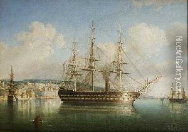 H.m.s. Conquerer Off Queenstown Oil Painting - George Mounsey Wheatley Atkinson