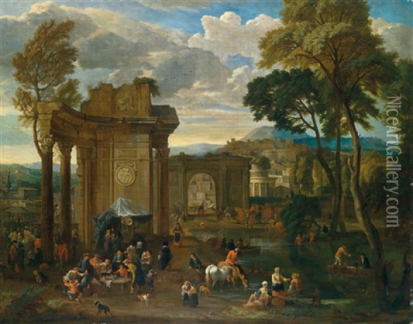 Kirmes Mit Markt Und Einer Theatervorfuhrung Vor Antiken Ruinen Oil Painting - Peeter van Bredael