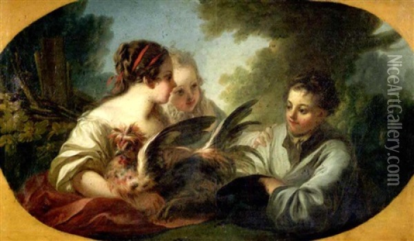Zwei Madchen Mit Einem Huhnchen Und Ein Junge Oil Painting - Joseph Melling
