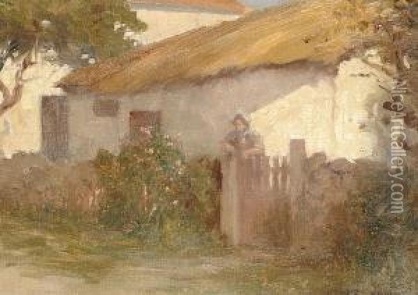 A Woman Leaning On A Gate Before A Cottage Oil Painting - Ernest Moore