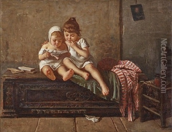 Reading Children Oil Painting - Noe Bordignon