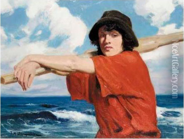 Girl In A Red Shirt Oil Painting - Feliks M. Wygrzywalski