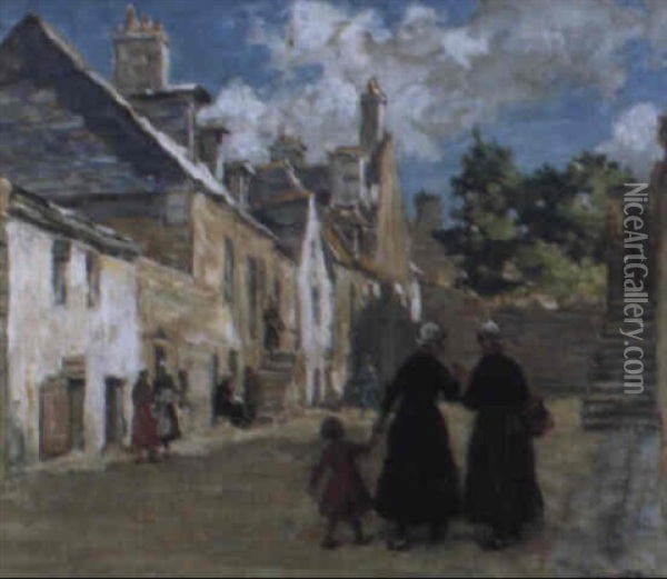 Breton Figures In A Street Oil Painting - Aloysius C. O'Kelly