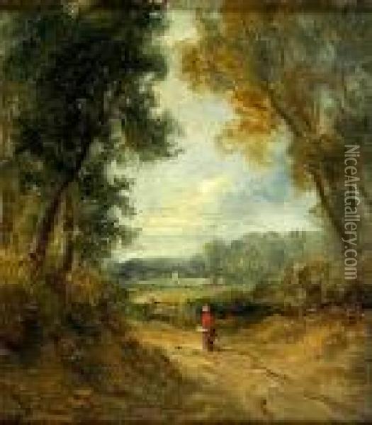 Figure On A Country Path With A River Beyond Oil Painting - John Moore Of Ipswich