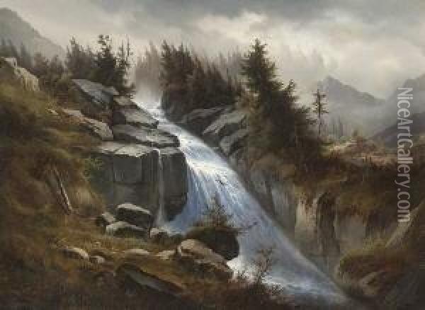 Wasserfall Im Gebirge. Oil Painting - Josef Thoma