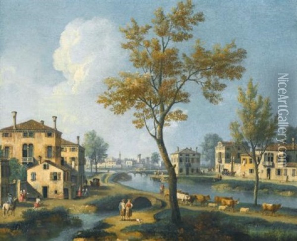 A Landscape At The Outskirts Of A Town With A Peasant Driving His Cattle Along A River Bank Oil Painting - Giovanni Battista Cimaroli