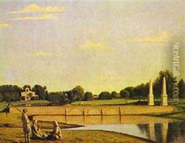 View Of The Dam In The Estate Of Spasskoe 1840s Oil Painting - Grigori Vasilievich Soroka