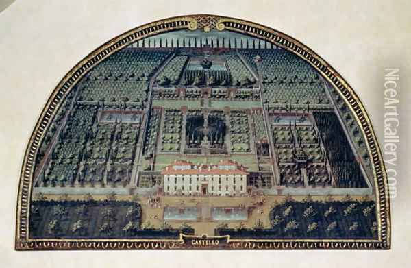 Villa di Castello from a series of lunettes depicting views of the Medici villas, 1599 Oil Painting - Giusto Utens
