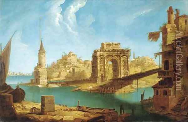 An architectural capriccio of Roman ruins and other buildings in the Laguna Oil Painting - Michele Marieschi