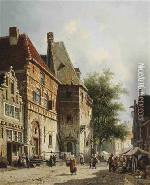 A Sunlit Street On Market Day Oil Painting - Adrianus Eversen