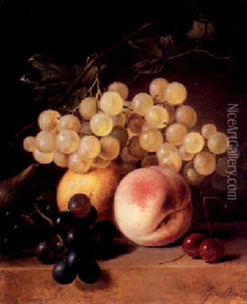 Grapes, Cherries And Other Fruit On A Marble Ledge Oil Painting - J. R. van Eeghen