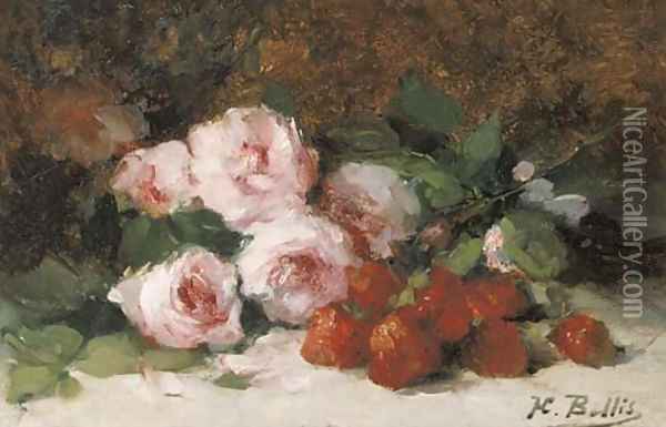 Strawberries and pink roses on a ledge Oil Painting - Hubert Bellis