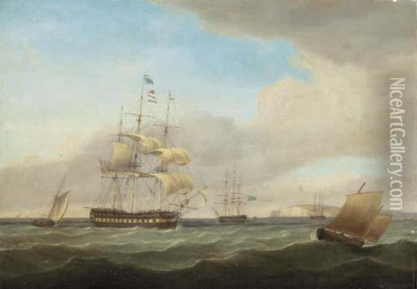 Shipping Off The Channel Off The South Coast Oil Painting - Thomas Whitcombe