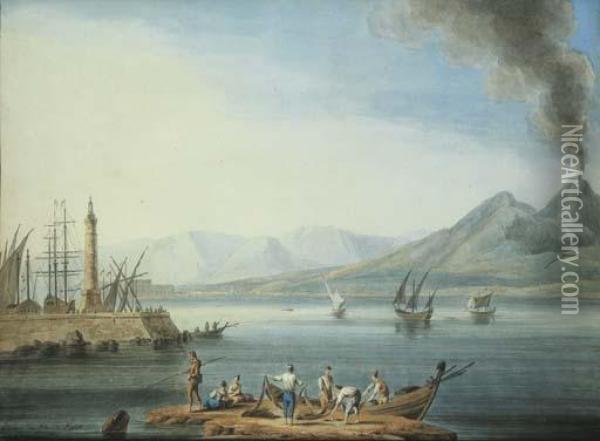 Pescatori Al Golfo Di Napoli, Con Il Molo E Il Vesuvio Sullosfondo Oil Painting - Johann Gottlieb Hackert