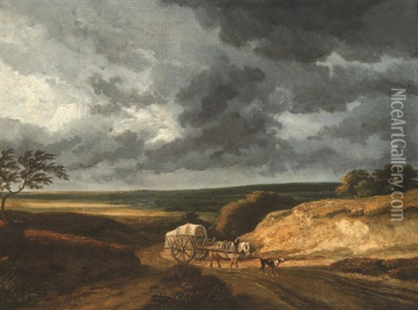 Verhangene Wolken Uber Weiter Landschaft Mit Bauernwagen Oil Painting - Georges Michel