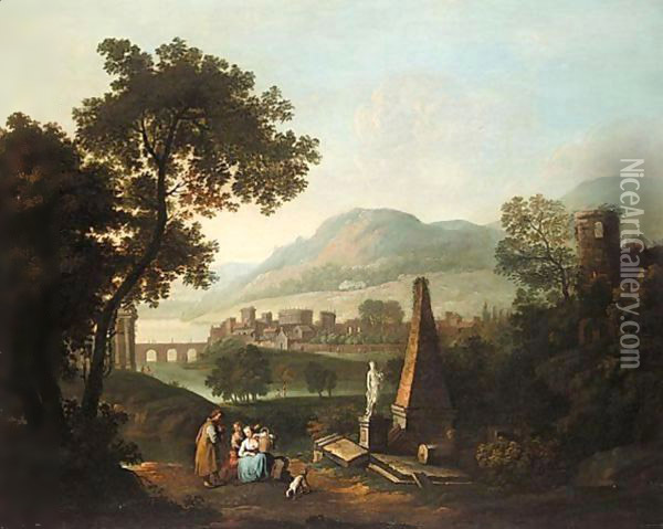 A Classical Landscape With A Family In The Foreground And An Obelisk And Ruins To The Right Oil Painting - George, of Chichester Smith