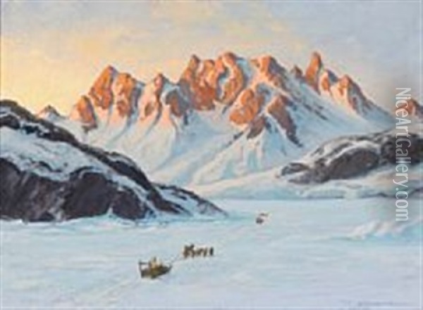 Inuits On A Sledge Ride In Greenland Oil Painting - Emanuel A. Petersen