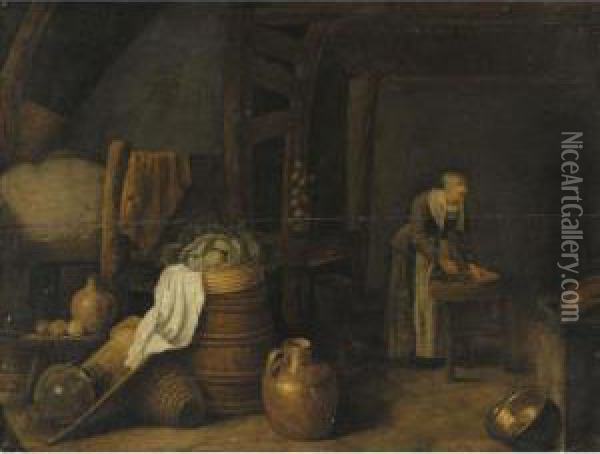 A Kitchen Still Life With A 
Cabbage, Onions, Lemons, Flagons, A Barrel, A Basket, And Other Kitchen 
Untensils, A Maid Beyond Oil Painting - Hendrick Maertensz. Sorch (see Sorgh)