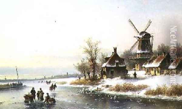 Winter Landscape with a Windmill Oil Painting - J. Kleyn Lodewyk