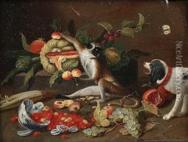 A Monkey With A Melon, An 
Artichoke, Peaches And A Cabbage On A Stone Ledge, An Overturned Bowl 
With Strawberries, Grapes And Celery, A Dog Nearby Oil Painting - Jan van Kessel