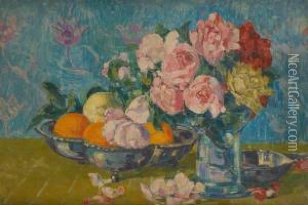Composition Florale Avec Plateau De Fruits Oil Painting - Marthe Verhaeren