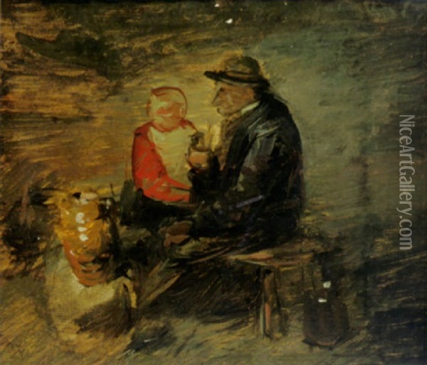 Bauer Mit Kind Auf Einer Bank Oil Painting - Wilhelm Busch