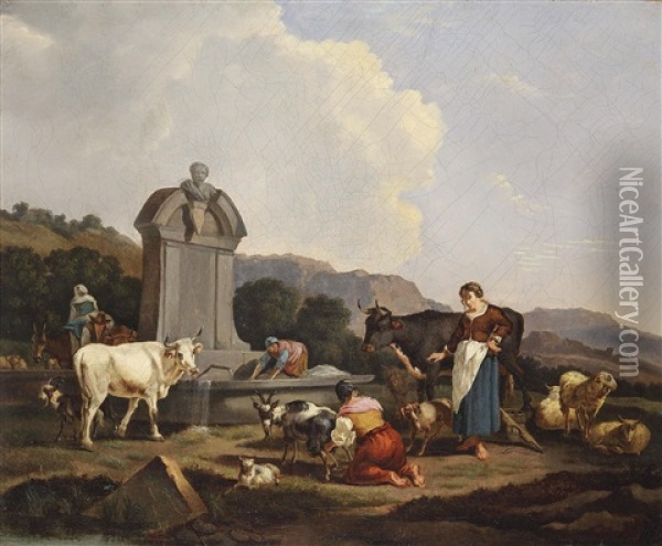 Landschaft Mit Bauerin, Brunnen Und Herde Oil Painting - Francesco Londonio