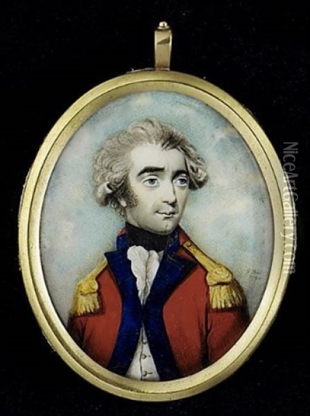 An Officer, Wearing Scarlet Coat With Blue Facings, Gold Epaulettes Oil Painting - Richard Bull