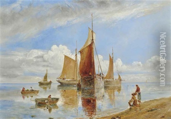 Fishing Boats Drying Their Sails At The End Of The Day Oil Painting - William Joseph J. C. Bond