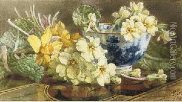 Still Life Of Primroses, Daffodils And A Blue And White Bowl Oil Painting - Annie Feray Mutrie