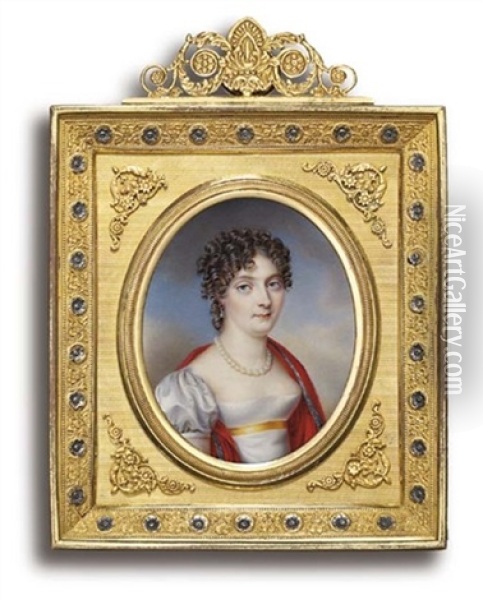 The Artist's Sister, Madame De Bouhebent, In White Silk Dress With Short Sleeves And Gold Sash Oil Painting - Pauline Augustin