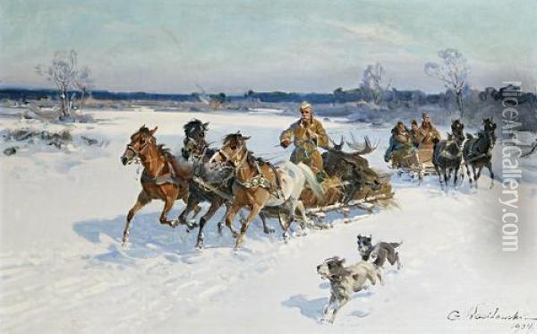 A Troika Ride Oil Painting - Ignacy (Czeslaw Wasilewski) Zygmuntowicz