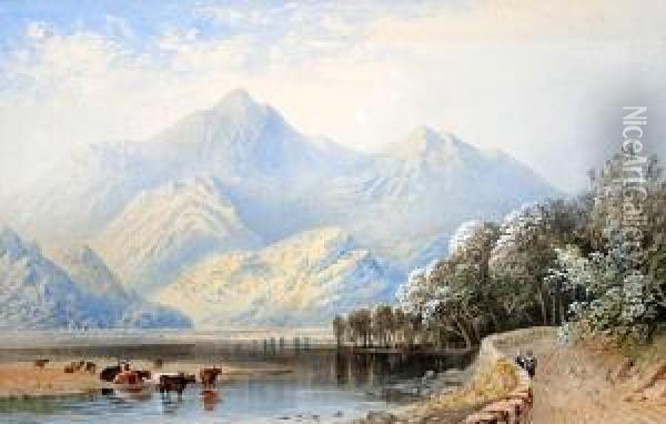 Mountainous Lake Landscape With Cattlewatering Oil Painting - Cornelius Pearson