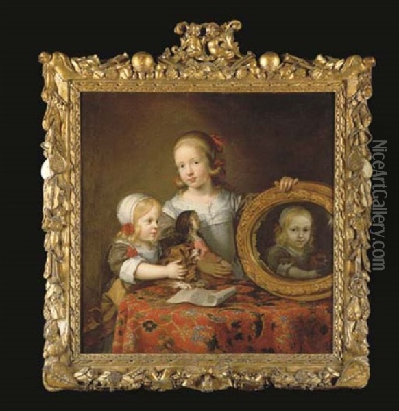 Portrait Of Two Children, Half-length, At A Table With A Dog And A Doll, One Holding A Tondo Mirror Oil Painting - Henri Gascars