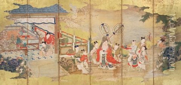 Fukurokuju And Attendants (in 6 Parts) Oil Painting - Tani Buncho