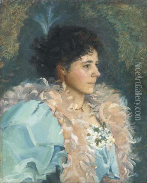 Portrait Of A Lady, Bust-length, In A Blue Dress And Featherboa Oil Painting - Walter Bonner Gash