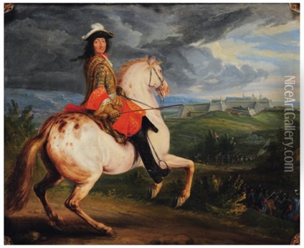 Portrait Equestre De Louis Xiv Devant Charleroi Oil Painting - Adam Frans van der Meulen