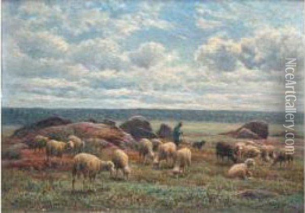 Berger Et Moutons Oil Painting - Jean-Ferdinand Chaigneau