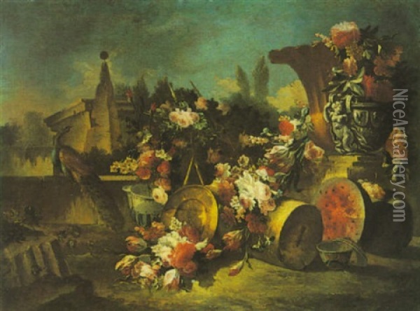 Blumenstilleben Mit Pfau In Einem Garten Oil Painting - Nicola Casissa