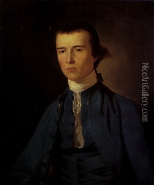 Portrait Of A Gentleman Wearing A Blue Coat, Waistcoat And White Stock Oil Painting - Tilly Kettle