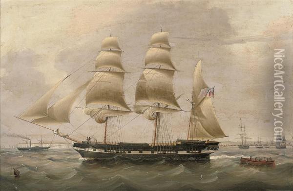 A Three-masted Barque In The Downs, With Walmer Castle And The Townof Deal Off Her Stern Oil Painting - Isaac Heard